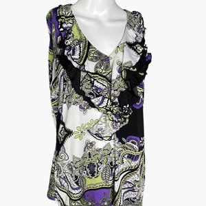 Dress Barn Paisley Print Ruffle Neck Sleeveless Blouse Top Purple Gray Black L